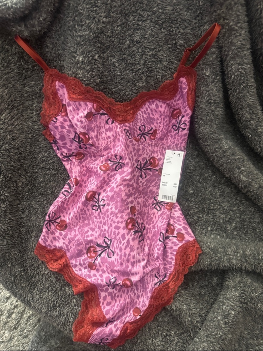 Out From Under Felicia Pink Cherry Lace Trim Bodysuit